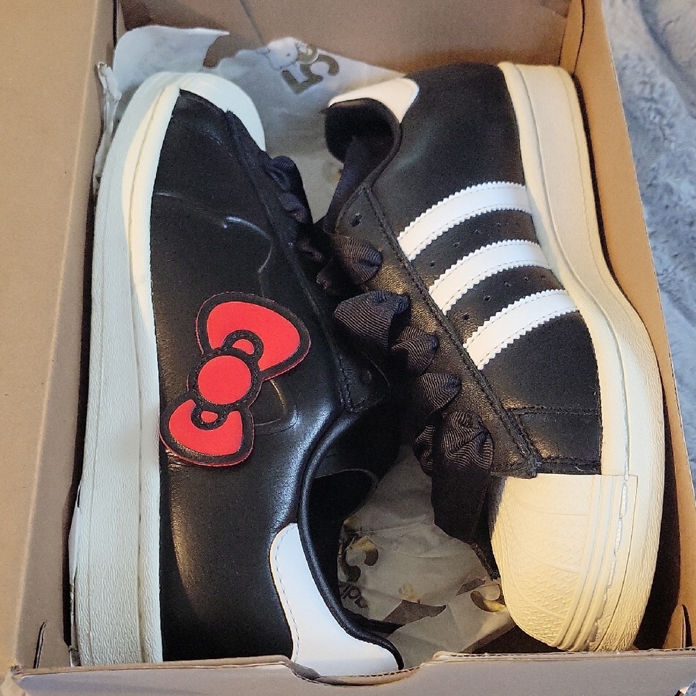 Brand New Hello Kitty Adidas Sneakers Black and White with Red Bow Accent